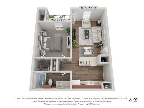 Floor plan for 1 bed, 1 bath, 646 sqft